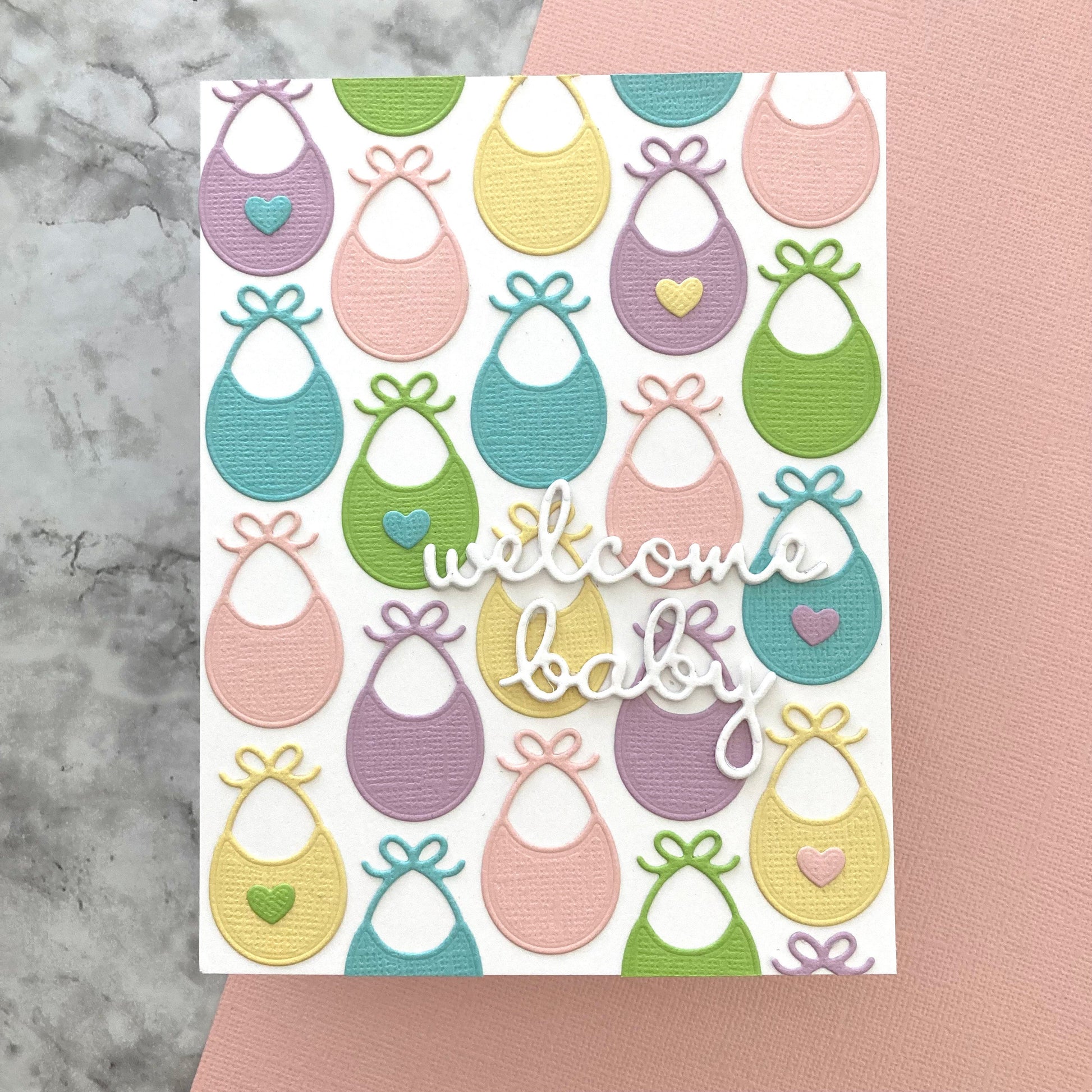 Handmade baby card featuring Encore Textured Cardstock in Flamingo