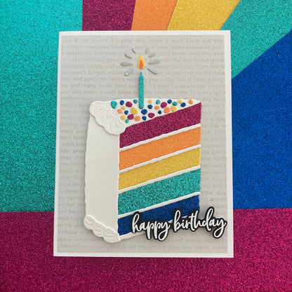 Colorful birthday cake card with a candle on a multicolored background