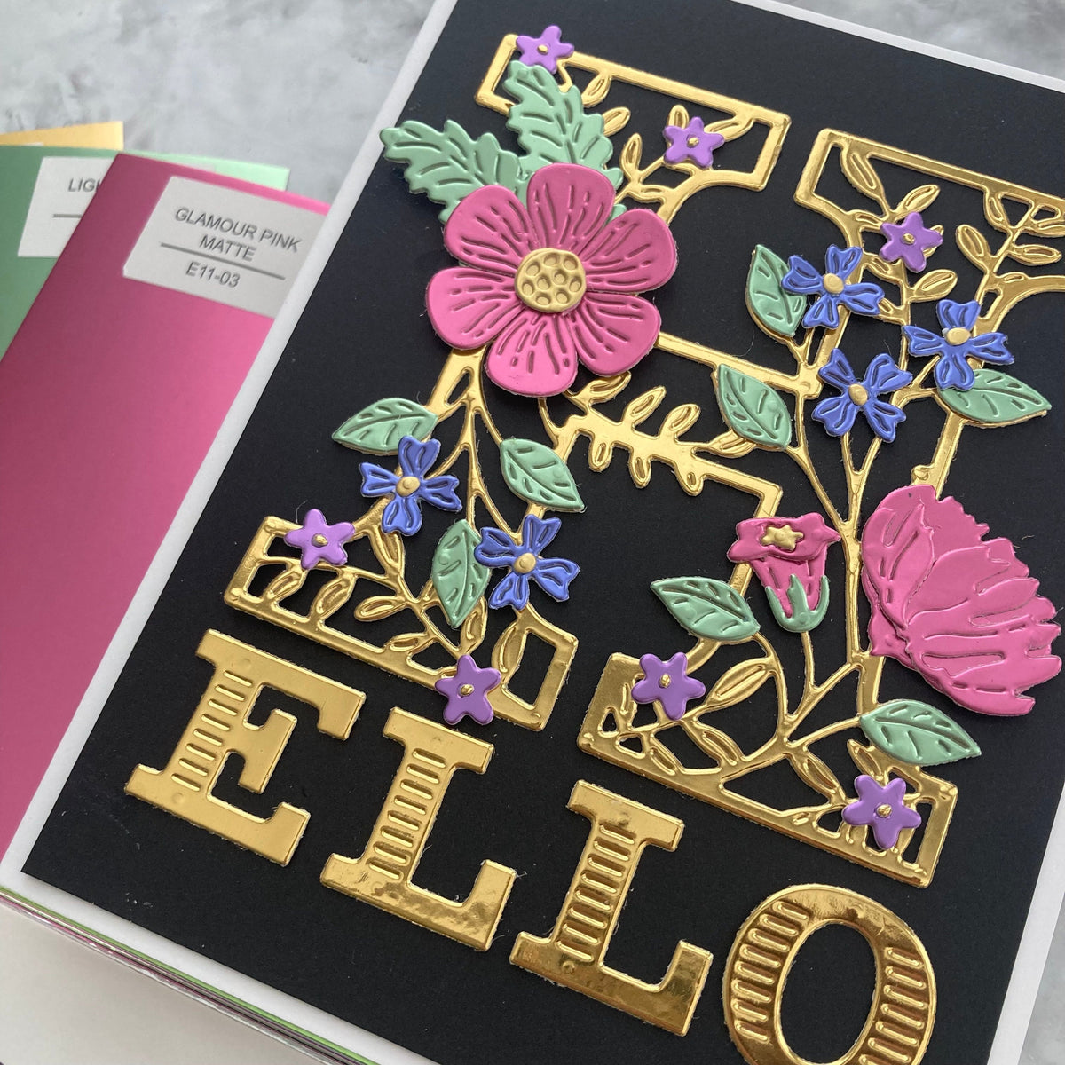 Decorative card with floral design and 'HELLO' text on a black background