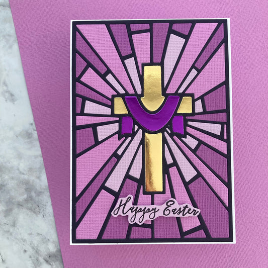 Handmade Easter Card featuring purple foil cardstock and purple textured cardstock rom Encore.