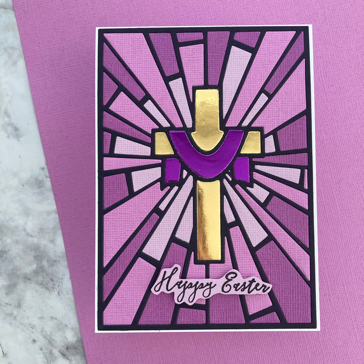 Handmade Easter Card featuring purple foil cardstock and purple textured cardstock rom Encore.