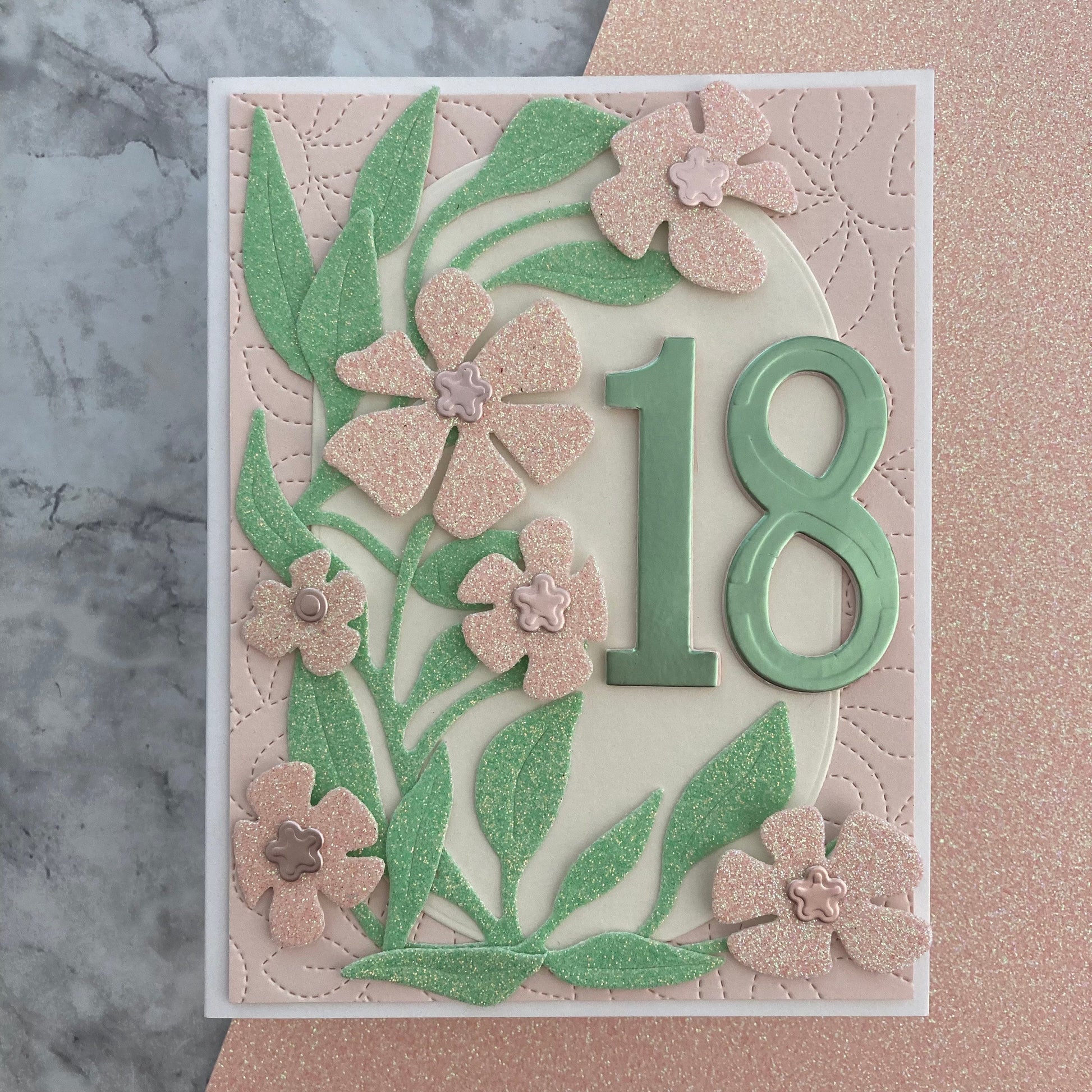 Handmade Birthday card featuring Encore Frosted Peach Glitter Cardstock