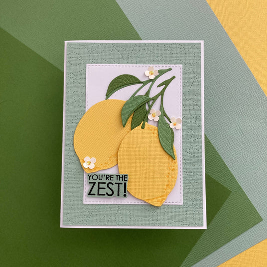 Handmade card featuring Encore cardstock and a lemon die cut 