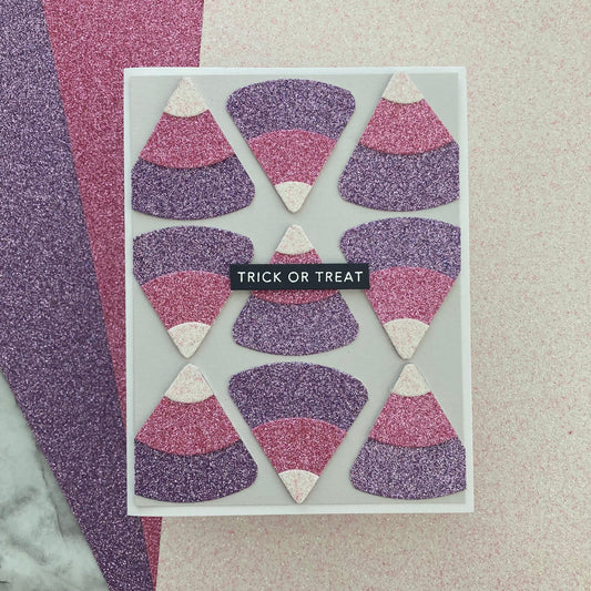 handmade halloween card featuring pink, purple and white glitter cardstock